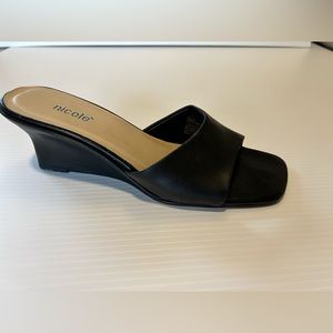 Nicole by Nicole Miller Black Leather Slides with Wedge Heel , 8M